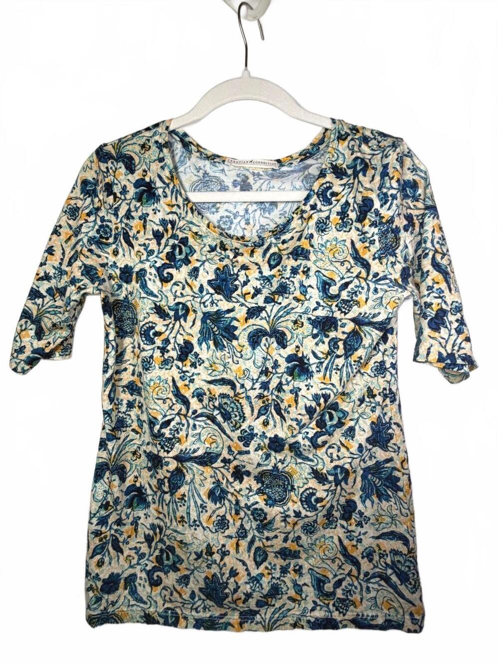 Peruvian Connection Blue Paisley Floral Pima Cotton Top Small